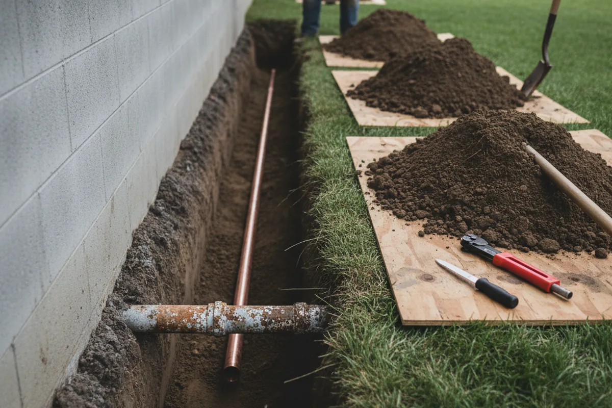 Excavated water line trench during Water Softener Installation in Osborn